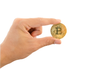 man hand holding golden Bitcoin coins isolated on white background with clipping path