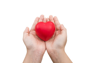 Red heart ball : Stress reliever foam ball the red heart shape on woman hand isolated on white...