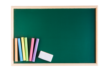 Colored chalk and blank blackboard eraser on Blank green board isolated on white background. with copy space for add text