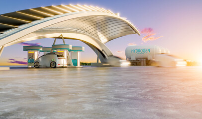 Hydrogen fuel station and storage tank, sunset time with hydrogen power station, green power and...