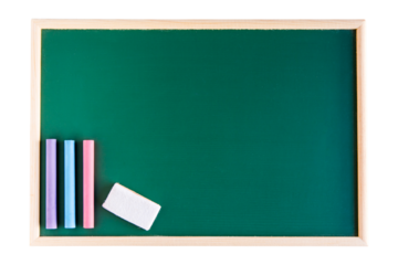 Colored chalk and blank blackboard eraser on Blank green board isolated on white background. with copy space for add text