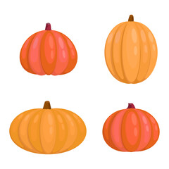 Set of cute Halloween pumpkin illustrations. Orange and red pumpkin in different shapes. Helloween with a festive pumpkin for an October party. Isolated flat vector illustration on white background