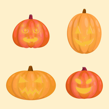 Set of cute illustrations of a pumpkin with a candle inside Halloween.Orange and red pumpkin in different shapes.Helloween with a festive pumpkin for an October party.Isolated flat vector illustration