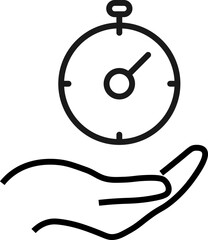 Gift, charity, support symbol. Vector sign drawn with black line. Monochrome image for adverts, banners, stores etc. Line icon of timer over outstretched hand