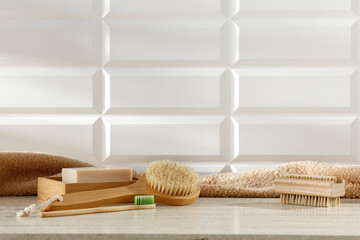 Marble table in the bathroom and toiletries on a beautiful sunny day, empty space