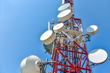 Gerona,  Spain: 08.07.2022; The telecommunication station with the sky background