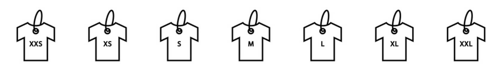 Conjunto de icono de camisetas con tallas del tamaño de la ropa. Concepto de tamaño de camisa