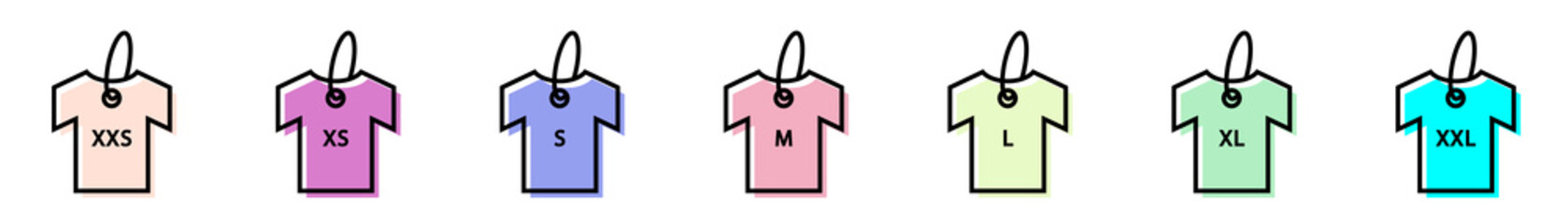 Conjunto de icono de camisetas de colores con tallas del tamaño de la ropa. Concepto de tamaño de camisa