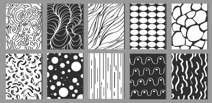 Set of seamless patterns. Drops, points, lines, stripes, circles, squares, rectangles. Abstract forms are drawn witha wide pen and ink. Backgrounds in black and white. Hand drawn. Vector illustration.