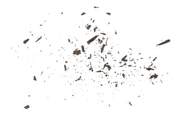 Obraz premium Explosion effect, burned, charred paper scraps, scattered isolated on white texture, top view