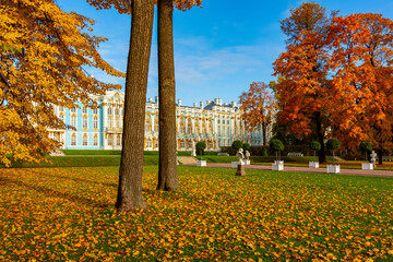 Catherine palace and park in autumn foliage, Tsarskoe Selo (Pushkin), Saint Petersburg, Russia