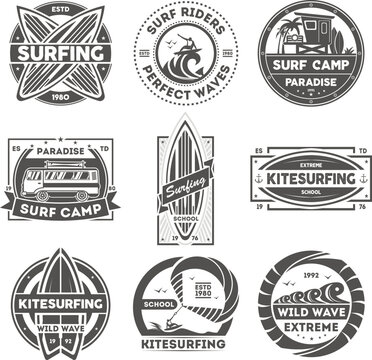 Surfing camp vintage isolated label set vector illustration. Kitesurfing school symbol. Wild wave icon. Surf riders logo. Extreme and fun water recreation. Surfboard, kite, van, surfer sign.