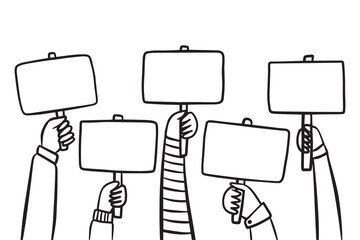 Doodle line illustration large crowd of people demonstrating with blank signs. Human hands up in modern style. 