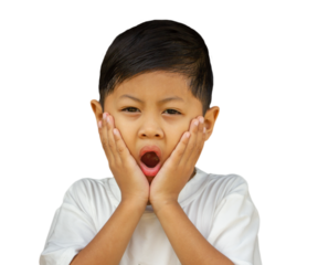 Portrait of surprised asia child ,close up kid surprised and hands near open mouth