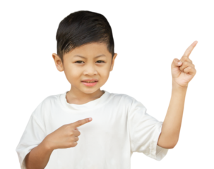 Asia kid pointing with finge.