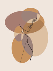 Boho style Woman face, Line Art. Vector illustration