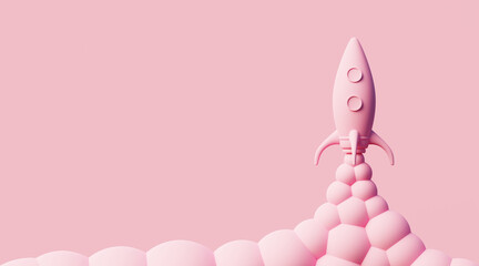 The monochrome pink rocket taking off represents success in business with copy space. 3d rendering about inspiration and innovation in entrepreneurship.