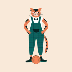 Funny ginger cat in green overalls and sneakers with a ball hand drawn vector illustration. Cute animal character in flat style for kids alphabet. The letter "C".