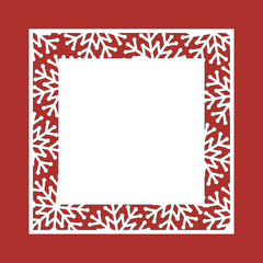 Laser cut Christmas template set. Square with border of snowflakes. Winter photo frame. For New Years paper cards, scrapbooking. Vector illustration.