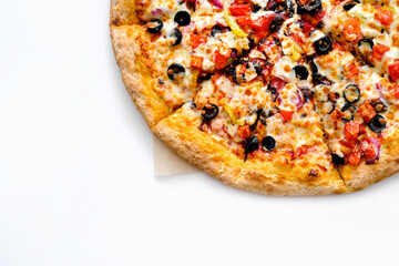 Pizza with mozzarella cheese, basil, tomatoes and olives, a template for your design and restaurant menu, there is a free space for an inscription on an isolated white background.