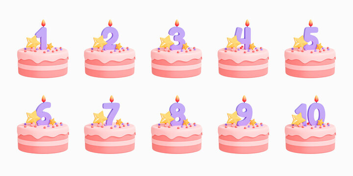 3D Cake collection set with candle numbers. Happy Birthday surprise. Pink cake emoji. Anniversary party. Pastel color. Cartoon creative design icon isolated on white background. 3D Rendering