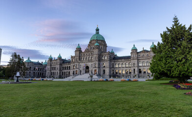 Legislative Assembly of British Columbia in the Capital City during colorful sunrise. Downtown Victoria, Vancouver Island, BC, Canada.