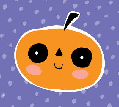 Happy Halloween. Funny Vector Illustration with Cute Hand Drawn  Kawaii Style Pumpkin Head on a Violet Dotted Background. Infantile Style Halloween Print ideal for Card, Poster. Sweet Lovely Pumpkin.