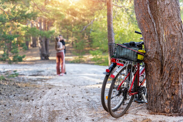 Scene view of young adult lovers pair enjoy hugging at outdoors forest walk date with bicycles. Sport lifestyle healthy recreation leisure bike tour trip in nature woods at autumn evening together