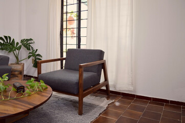 armchair, chair, individual sofa, solid natural wood structure, seat and back in fabric