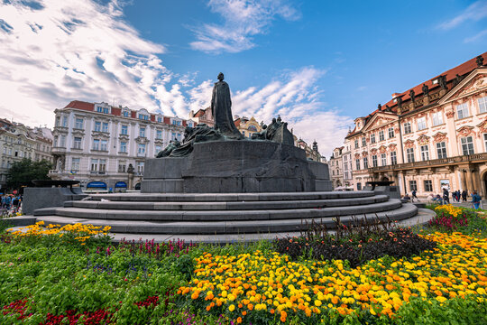 Prague, Czech Republic - July 2022: Statue of Jan Hus (Czech: Pam&aacute;tn&iacute;k Jana Husa) on Prague Old Town Square.