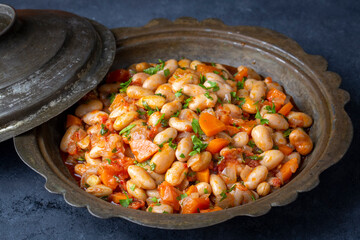 Traditional delicious Turkish food; Kidney beans with olive oil, Red kidney bean stew, Turkish name; Barbunya pilaki