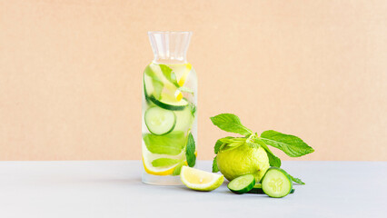 Detox Water Infused with Sliced Lemon, Cucumber and Sprigs of Mint. Copy Space on the Right.