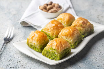 Traditional delicious Turkish dessert; pistachio baklava (Turkish name; kuru baklava)