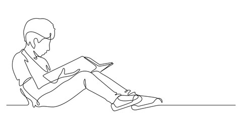 one line drawing of happiness boy reading a book