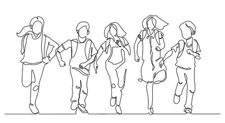 continuous line drawing of friends group enjoy school finish