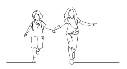 one line drawing of friend enjoy school by holding hands running