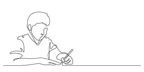 one line drawing of happiness boy student writing - obrazy, fototapety, plakaty