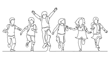 Fototapeta na wymiar continuous line drawing of happiness little students group enjoy school finish