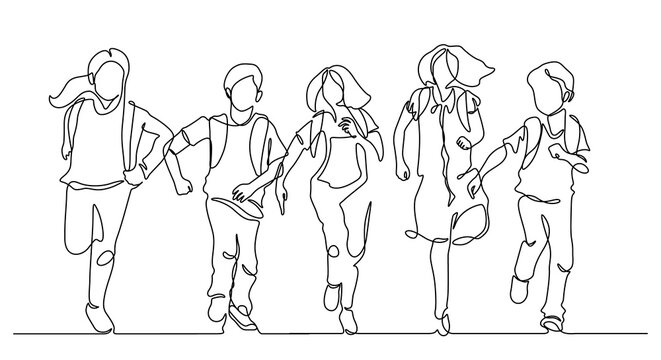 continuous line drawing of friends group enjoy school finish