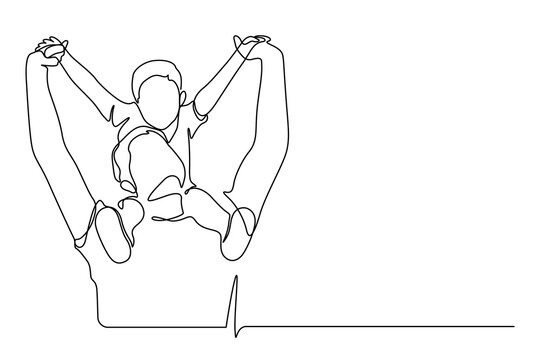 Father carrying son on shoulders with arm raised pose action line art