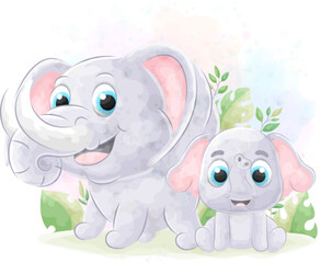 Cute doodle Elephant with watercolor illustration