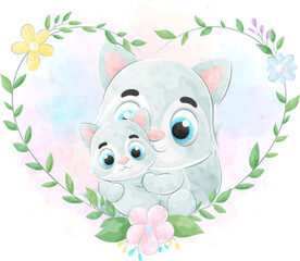 Cute Raccoon and flora frame cartoon animal watercolor illustration
