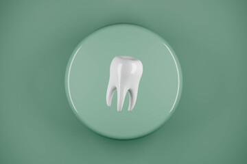 Whitening tooth on green podium. Dental clinic 3d render logo.