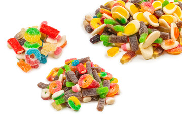 Assorted gummy candies. Top view. Jelly  sweets. Isolated on white.