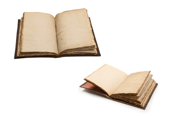 An open empty old notebook isolated on a white background.