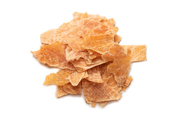 Group of tasty beer snacks. Dehydrated chicken meat slices.