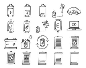 Battery Doodle vector icon set. Drawing sketch illustration hand drawn line eps10