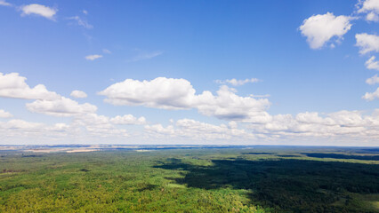 Blue sky panorama with clouds over tops of green trees. Blue sky and white cloud soft. White clouds background.