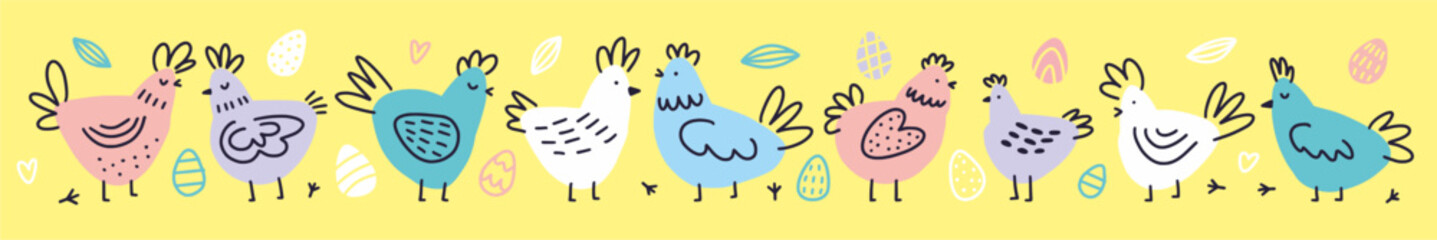 Vector horizontal pattern with chickens. Easter pattern.