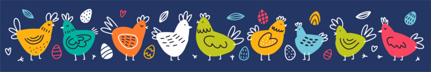 Vector horizontal pattern with chickens. Easter pattern.